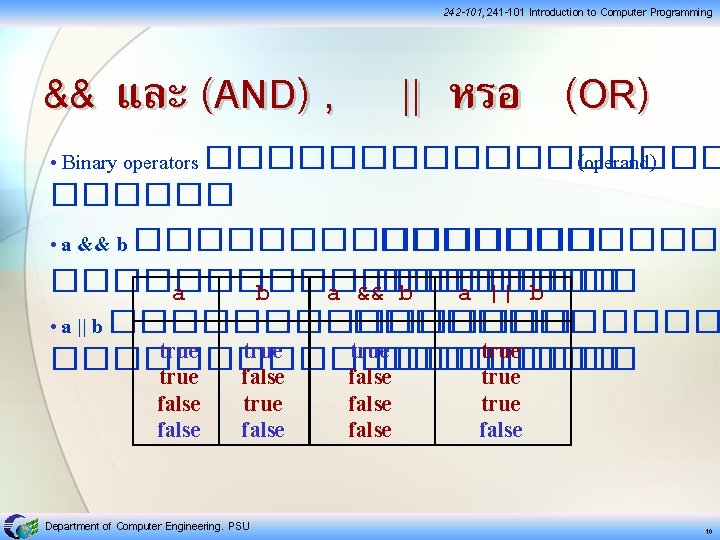 242 -101, 241 -101 Introduction to Computer Programming && และ (AND) , || หรอ
