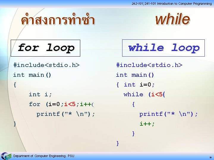 242 -101, 241 -101 Introduction to Computer Programming คำสงการทำซำ for loop while loop #include<stdio.