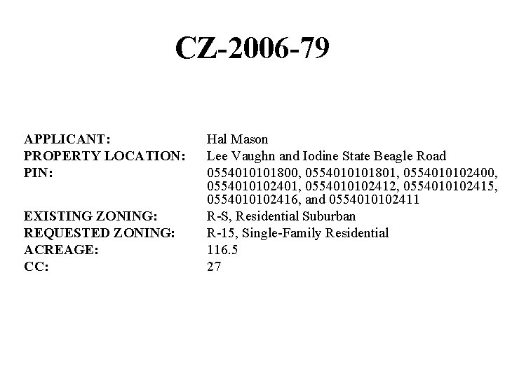CZ-2006 -79 APPLICANT: PROPERTY LOCATION: PIN: EXISTING ZONING: REQUESTED ZONING: ACREAGE: CC: Hal Mason CZ-2006 -79 APPLICANT: PROPERTY LOCATION: PIN: EXISTING ZONING: REQUESTED ZONING: ACREAGE: CC: Hal Mason