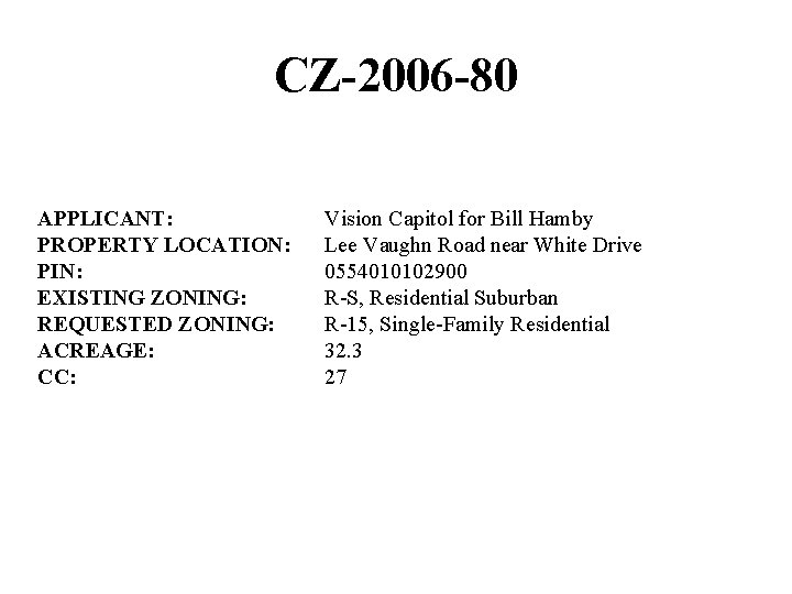 CZ-2006 -80 APPLICANT: PROPERTY LOCATION: PIN: EXISTING ZONING: REQUESTED ZONING: ACREAGE: CC: Vision Capitol