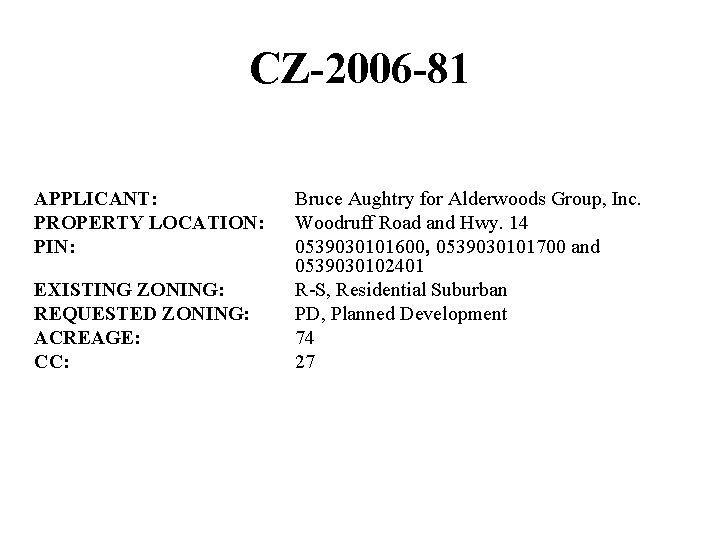 CZ-2006 -81 APPLICANT: PROPERTY LOCATION: PIN: EXISTING ZONING: REQUESTED ZONING: ACREAGE: CC: Bruce Aughtry CZ-2006 -81 APPLICANT: PROPERTY LOCATION: PIN: EXISTING ZONING: REQUESTED ZONING: ACREAGE: CC: Bruce Aughtry