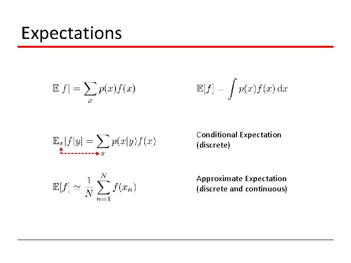 Expectations Conditional Expectation (discrete) Approximate Expectation (discrete and continuous) 