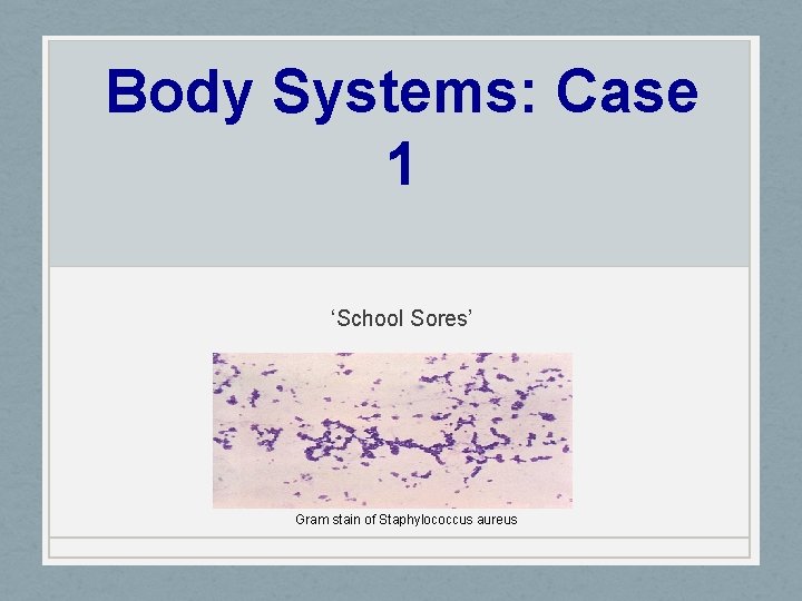 Body Systems: Case 1 ‘School Sores’ Gram stain of Staphylococcus aureus 
