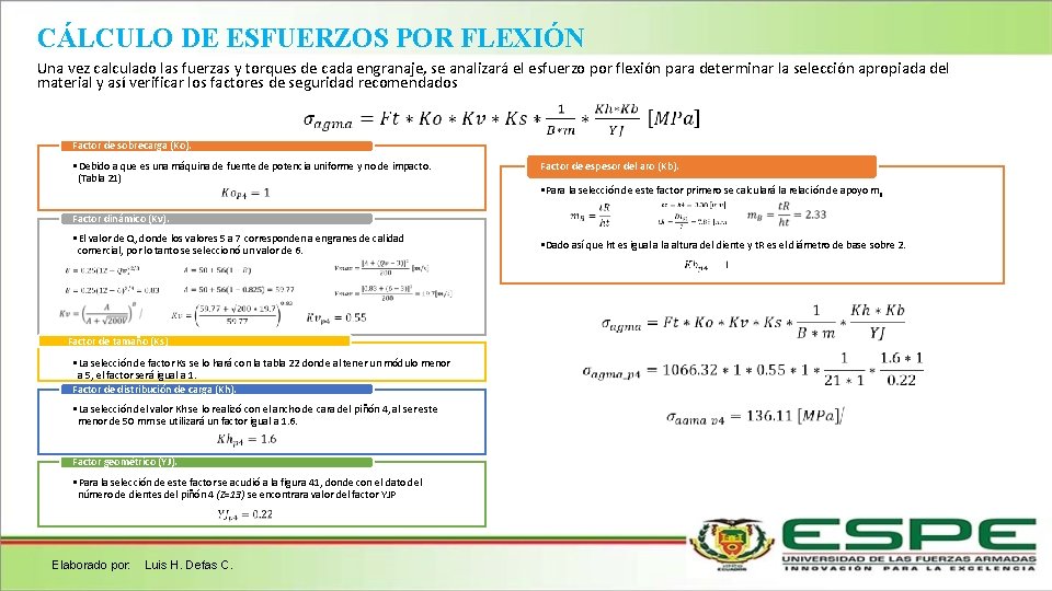 CÁLCULO DE ESFUERZOS POR FLEXIÓN Una vez calculado las fuerzas y torques de cada