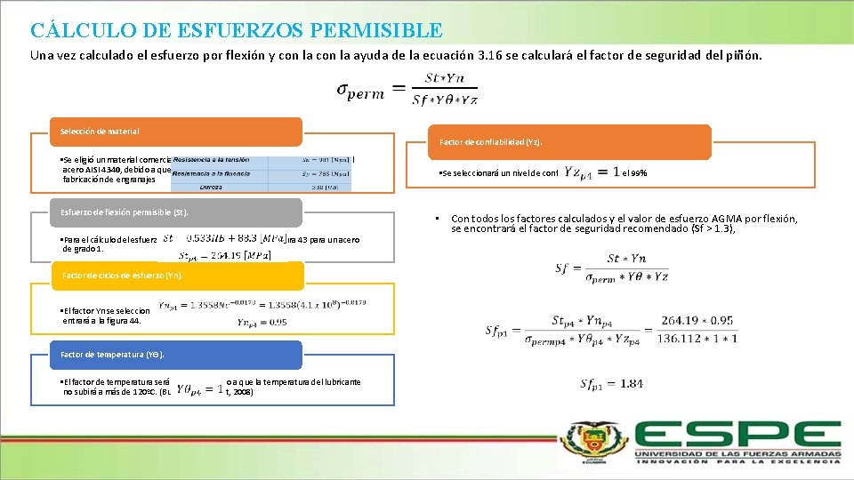 CÁLCULO DE ESFUERZOS PERMISIBLE Una vez calculado el esfuerzo por flexión y con la