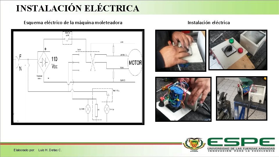 INSTALACIÓN ELÉCTRICA Esquema eléctrico de la máquina moleteadora Elaborado por: Luis H. Defas C.