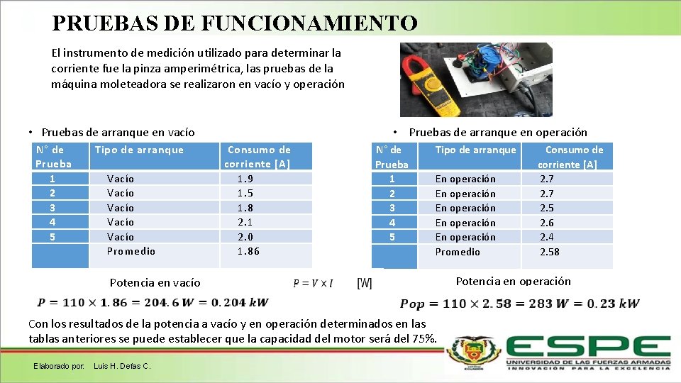 PRUEBAS DE FUNCIONAMIENTO El instrumento de medición utilizado para determinar la corriente fue la