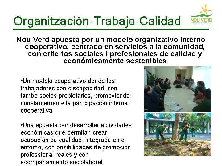 Organitzación-Trabajo-Calidad Nou Verd apuesta por un modelo organizativo interno cooperativo, centrado en servicios a