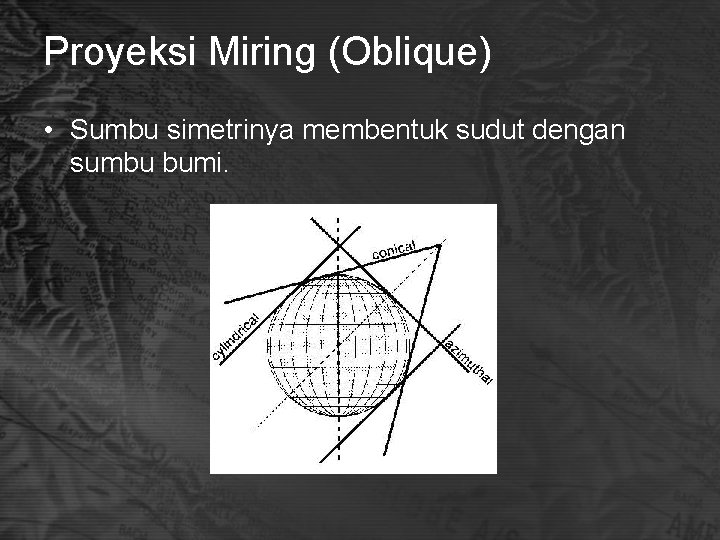 Proyeksi Miring (Oblique) • Sumbu simetrinya membentuk sudut dengan sumbu bumi. 