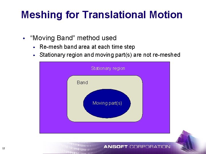 Meshing for Translational Motion w “Moving Band” method used w w Re-mesh band area