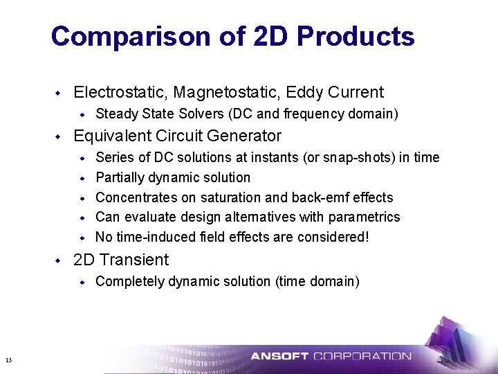 Comparison of 2 D Products w Electrostatic, Magnetostatic, Eddy Current w w Equivalent Circuit