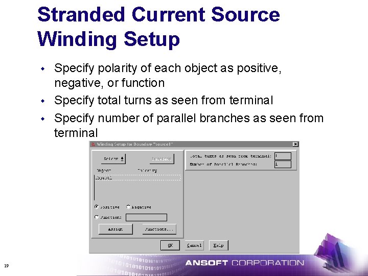 Stranded Current Source Winding Setup w w w 19 Specify polarity of each object