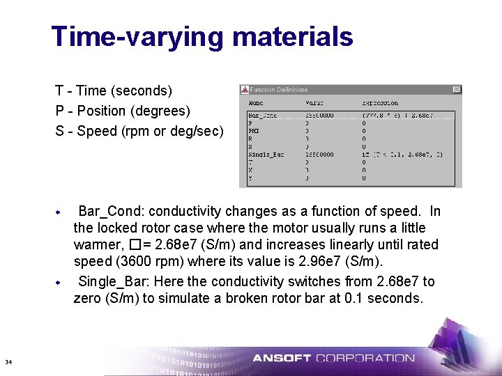 Time-varying materials T - Time (seconds) P - Position (degrees) S - Speed (rpm