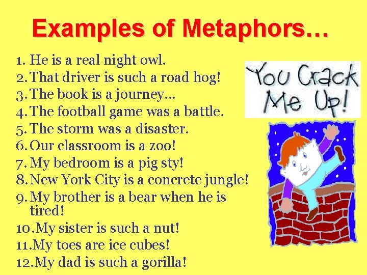 Examples of Metaphors… 1. He is a real night owl. 2. That driver is