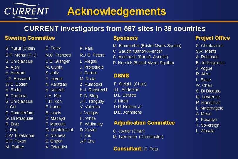 Acknowledgements CURRENT Investigators from 597 sites in 39 countries Steering Committee S. Yusuf (Chair)