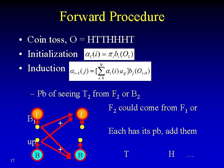 Forward Procedure • Coin toss, O = HTTHHHT • Initialization • Induction – Pb