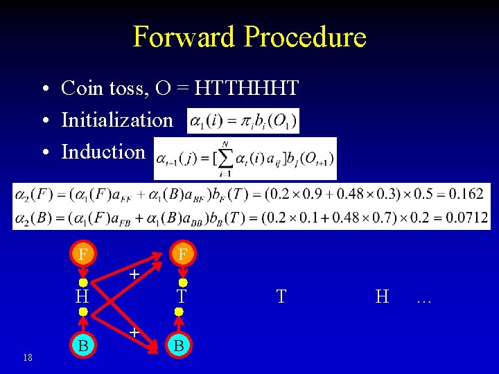 Forward Procedure • Coin toss, O = HTTHHHT • Initialization • Induction F F