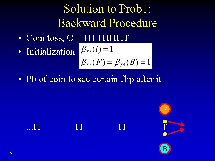 Solution to Prob 1: Backward Procedure • Coin toss, O = HTTHHHT • Initialization