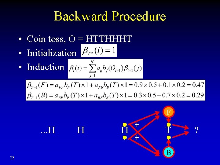 Backward Procedure • Coin toss, O = HTTHHHT • Initialization • Induction F .