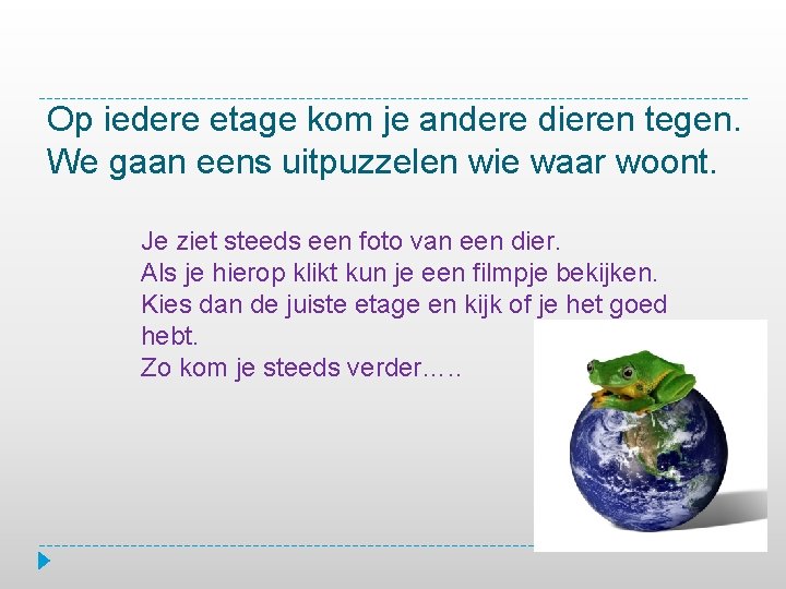 Op iedere etage kom je andere dieren tegen. We gaan eens uitpuzzelen wie waar