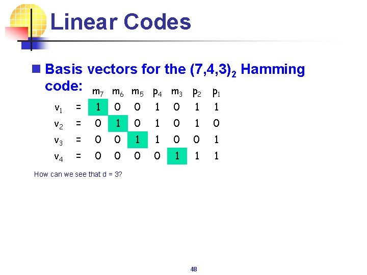 Linear Codes n Basis vectors for the (7, 4, 3)2 Hamming code: m 7