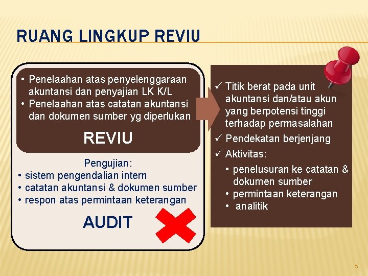 RUANG LINGKUP REVIU • Penelaahan atas penyelenggaraan akuntansi dan penyajian LK K/L • Penelaahan