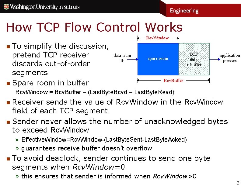 How TCP Flow Control Works To simplify the discussion, pretend TCP receiver discards out-of-order