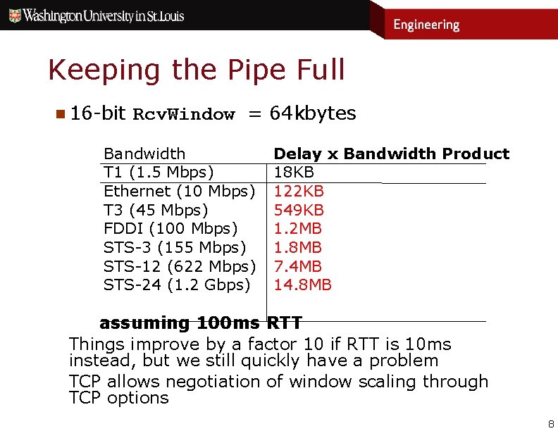 Keeping the Pipe Full n 16 -bit Rcv. Window = 64 kbytes Bandwidth T