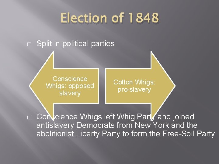 Election of 1848 � Split in political parties Conscience Whigs: opposed slavery � Cotton