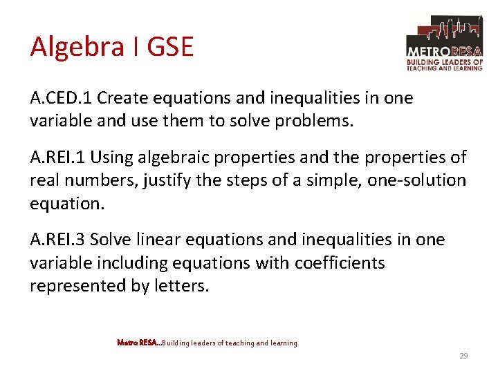 Algebra I GSE A. CED. 1 Create equations and inequalities in one variable and