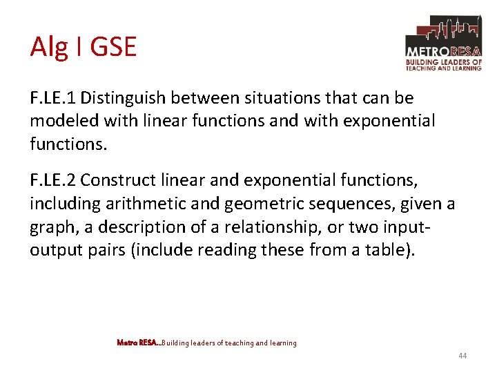 Alg I GSE F. LE. 1 Distinguish between situations that can be modeled with