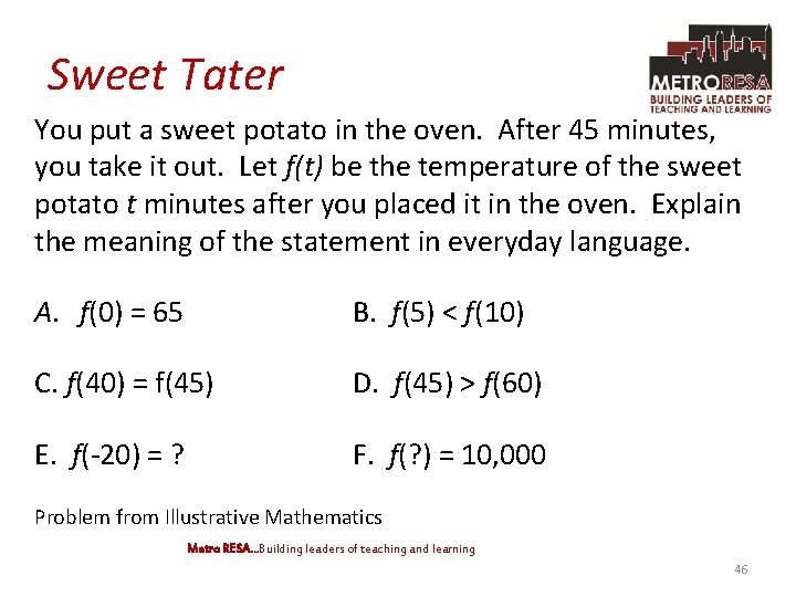 Sweet Tater You put a sweet potato in the oven. After 45 minutes, you