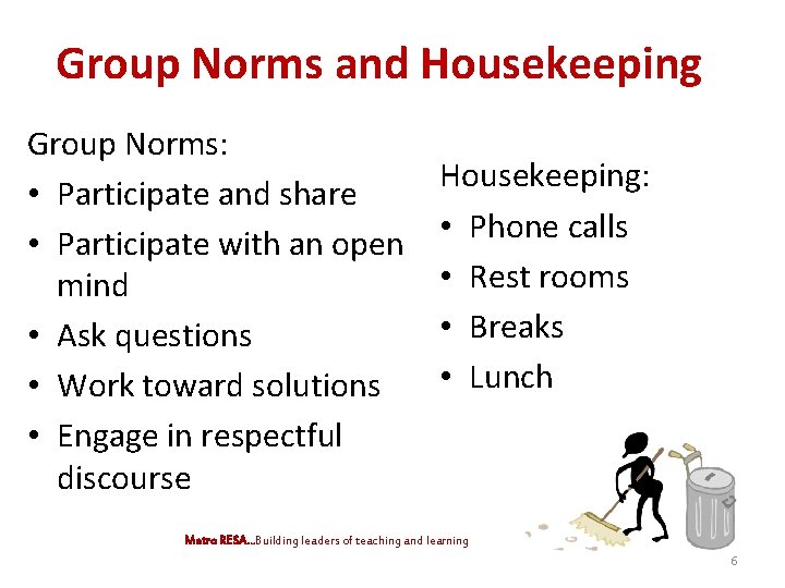 Group Norms and Housekeeping Group Norms: • Participate and share • Participate with an