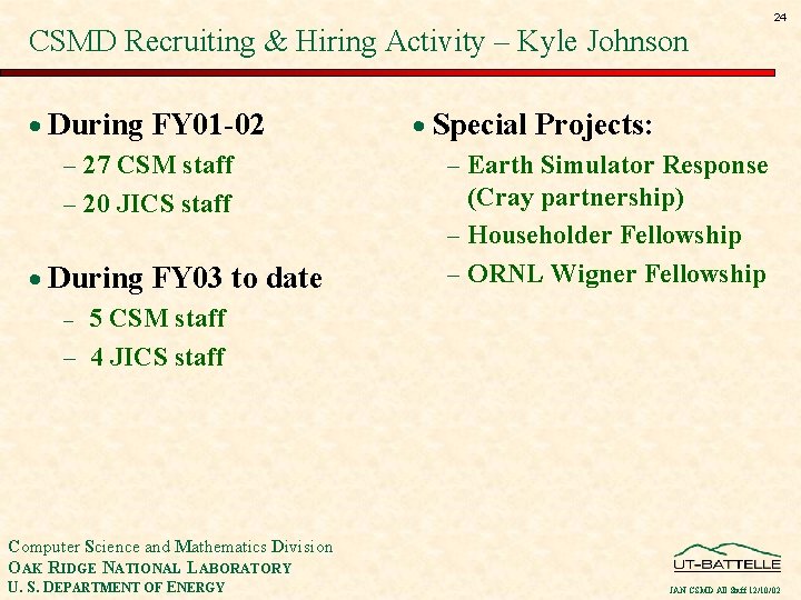 CSMD Recruiting & Hiring Activity – Kyle Johnson · During FY 01 -02 ·