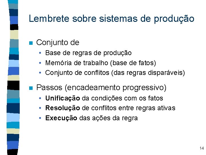 Lembrete sobre sistemas de produção n Conjunto de • Base de regras de produção