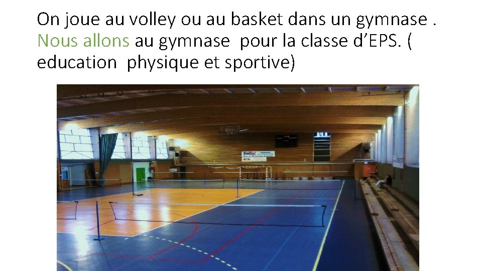 On joue au volley ou au basket dans un gymnase. Nous allons au gymnase