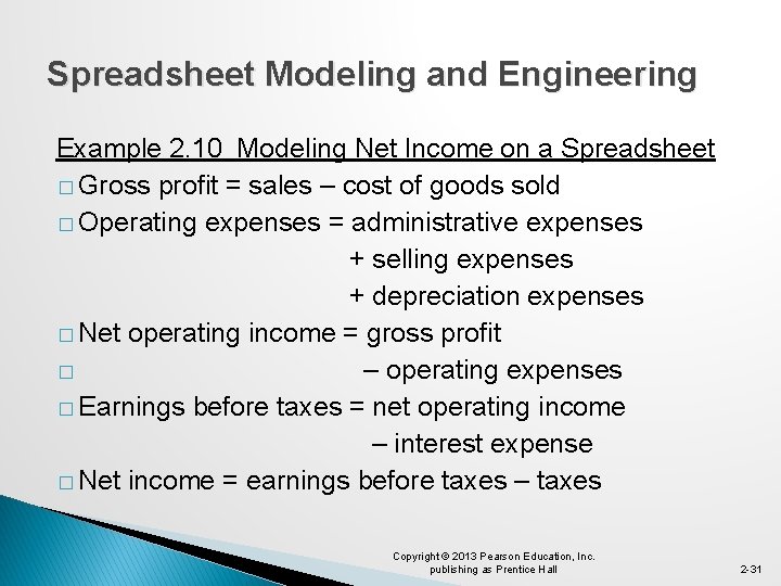 Spreadsheet Modeling and Engineering Example 2. 10 Modeling Net Income on a Spreadsheet �