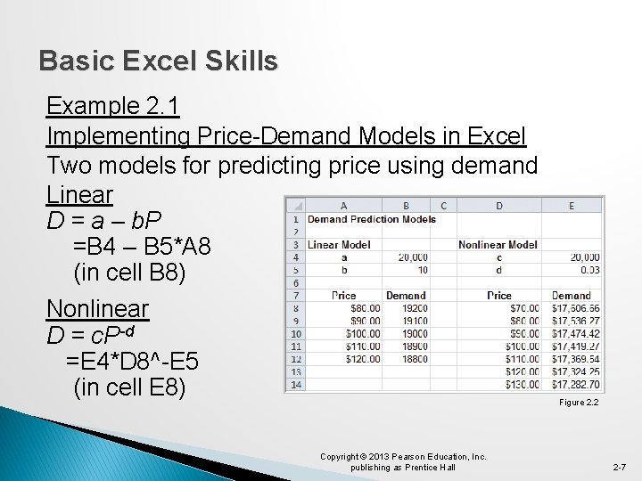 Basic Excel Skills Example 2. 1 Implementing Price-Demand Models in Excel Two models for