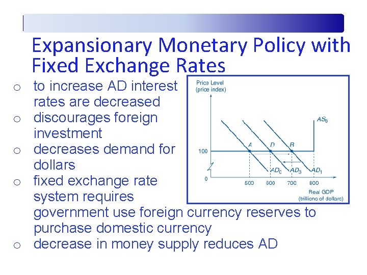 Expansionary Monetary Policy with Fixed Exchange Rates o to increase AD interest rates are