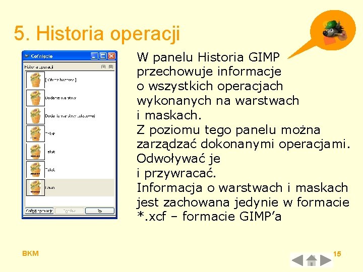 5. Historia operacji W panelu Historia GIMP przechowuje informacje o wszystkich operacjach wykonanych na