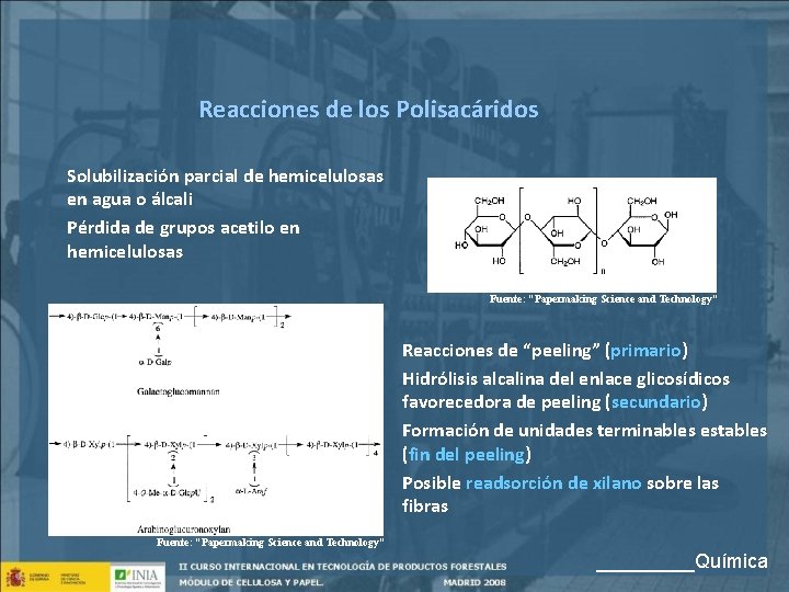 Reacciones de los Polisacáridos Solubilización parcial de hemicelulosas en agua o álcali Pérdida de