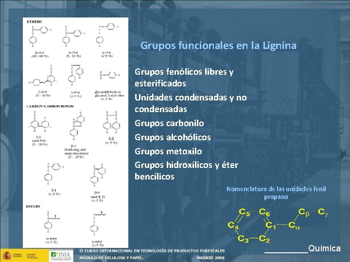 Grupos funcionales en la Lignina Grupos fenólicos libres y esterificados Unidades condensadas y no