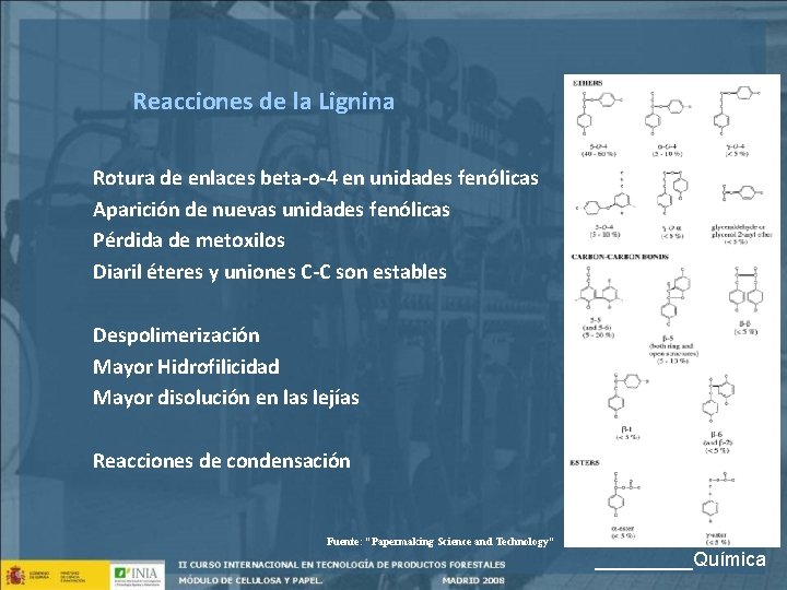 Reacciones de la Lignina Rotura de enlaces beta-o-4 en unidades fenólicas Aparición de nuevas