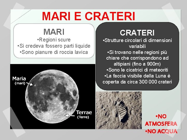 MARI E CRATERI MARI • Regioni scure • Si credeva fossero parti liquide •