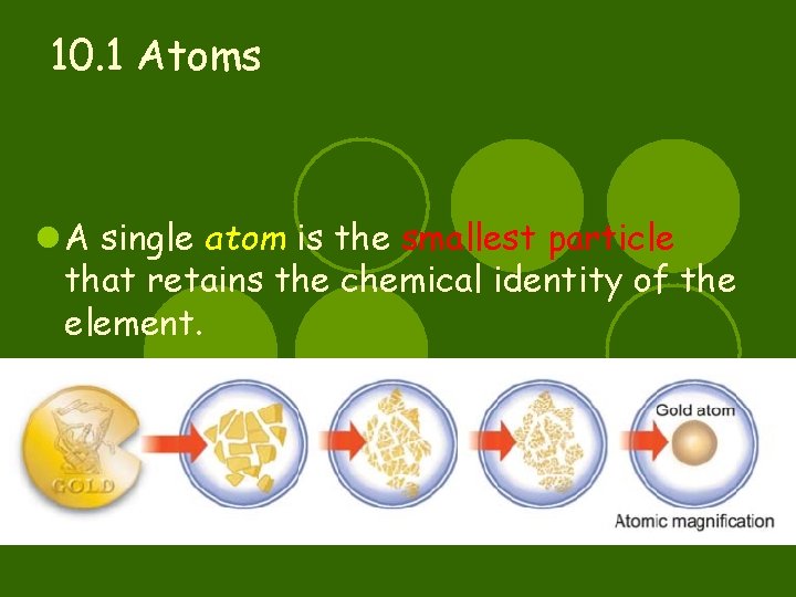 10. 1 Atoms l A single atom is the smallest particle that retains the