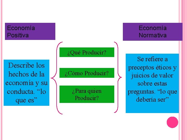 Economía Normativa Economía Positiva ¿Qué Producir? Describe los hechos de la economía y su