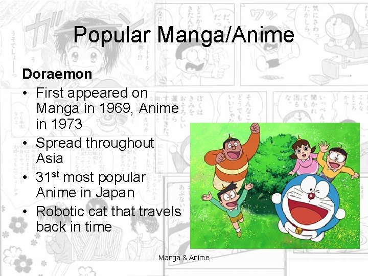 Popular Manga/Anime Doraemon • First appeared on Manga in 1969, Anime in 1973 •