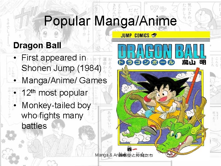 Popular Manga/Anime Dragon Ball • First appeared in Shonen Jump (1984) • Manga/Anime/ Games