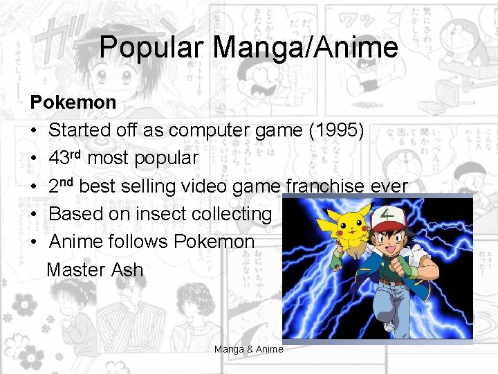 Popular Manga/Anime Pokemon • Started off as computer game (1995) • 43 rd most