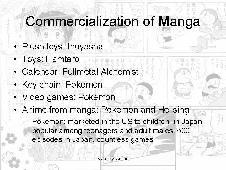 Commercialization of Manga • • • Plush toys: Inuyasha Toys: Hamtaro Calendar: Fullmetal Alchemist